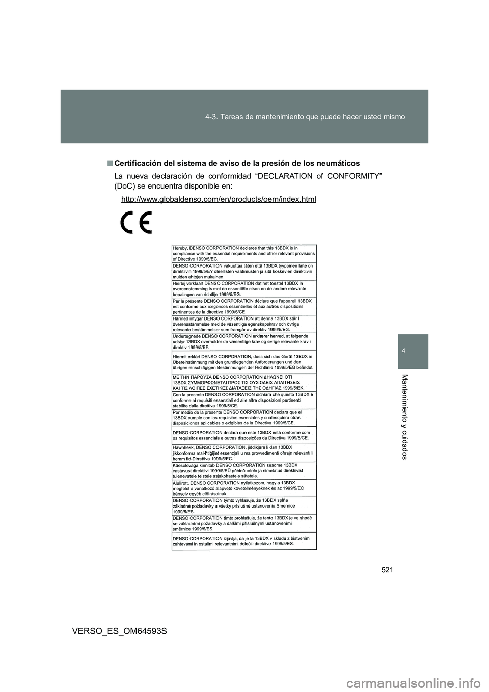 TOYOTA VERSO 2016  Manuale de Empleo (in Spanish) 521 
4-3. Tareas de mantenimiento que puede hacer usted mismo
4
Mantenimiento y cuidados
VERSO_ES_OM64593S
■ Certificación del sistema de aviso de la presión de los neumáticos 
La nueva declaraci