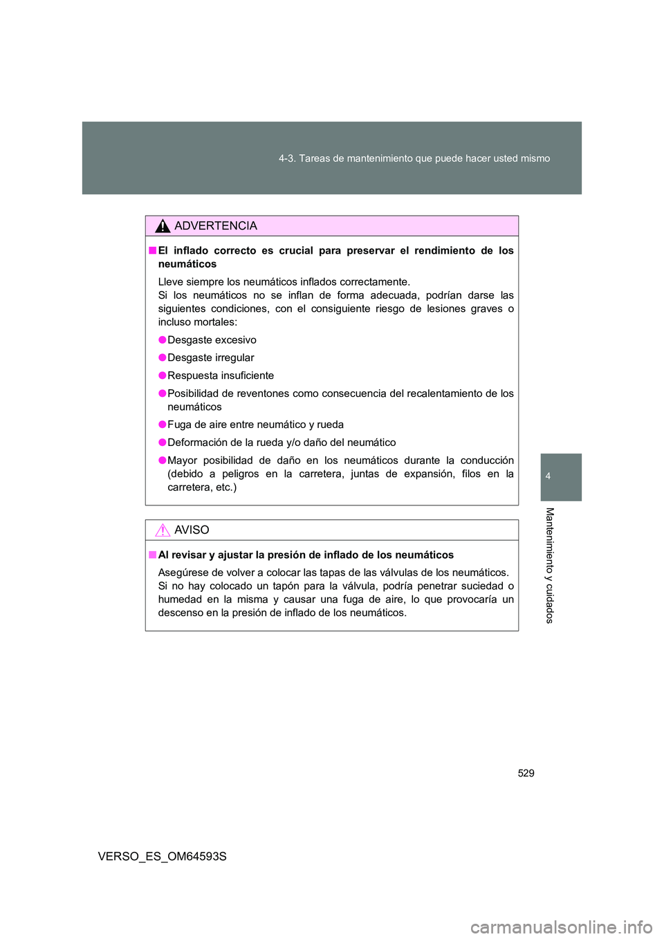 TOYOTA VERSO 2016  Manuale de Empleo (in Spanish) 529 
4-3. Tareas de mantenimiento que puede hacer usted mismo
4
Mantenimiento y cuidados
VERSO_ES_OM64593S
ADVERTENCIA
■ El inflado correcto es crucial para preservar el rendimiento de los 
neumáti