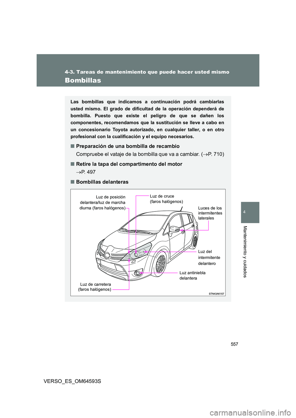 TOYOTA VERSO 2016 Manuale de Empleo (in Spanish) 557
4-3. Tareas de mantenimiento que puede hacer usted mismo
4
Mantenimiento y cuidados
VERSO_ES_OM64593S
Bombillas
Las bombillas que indicamos a continuación podrá cambiarlas
usted mismo. El grado TOYOTA VERSO 2016 Manuale de Empleo (in Spanish) 557
4-3. Tareas de mantenimiento que puede hacer usted mismo
4
Mantenimiento y cuidados
VERSO_ES_OM64593S
Bombillas
Las bombillas que indicamos a continuación podrá cambiarlas
usted mismo. El grado