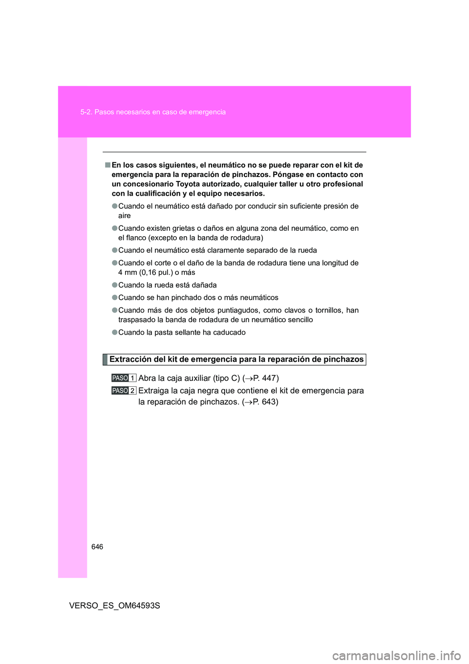 TOYOTA VERSO 2016 Manuale de Empleo (in Spanish) 646
5-2. Pasos necesarios en caso de emergencia
VERSO_ES_OM64593S
Extracción del kit de emergencia para la reparación de pinchazos
Abra la caja auxiliar (tipo C) ( P. 447)
Extraiga la caja neg TOYOTA VERSO 2016 Manuale de Empleo (in Spanish) 646
5-2. Pasos necesarios en caso de emergencia
VERSO_ES_OM64593S
Extracción del kit de emergencia para la reparación de pinchazos
Abra la caja auxiliar (tipo C) ( P. 447)
Extraiga la caja neg