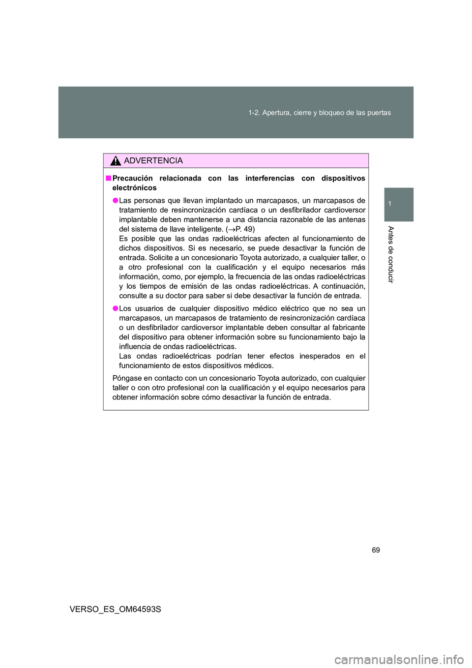 TOYOTA VERSO 2016 Manuale de Empleo (in Spanish) 69
1-2. Apertura, cierre y bloqueo de las puertas
1
Antes de conducir
VERSO_ES_OM64593S
ADVERTENCIA
■ Precaución relacionada con las interferencias con dispositivos
electrónicos
● Las persona TOYOTA VERSO 2016 Manuale de Empleo (in Spanish) 69
1-2. Apertura, cierre y bloqueo de las puertas
1
Antes de conducir
VERSO_ES_OM64593S
ADVERTENCIA
■ Precaución relacionada con las interferencias con dispositivos
electrónicos
● Las persona