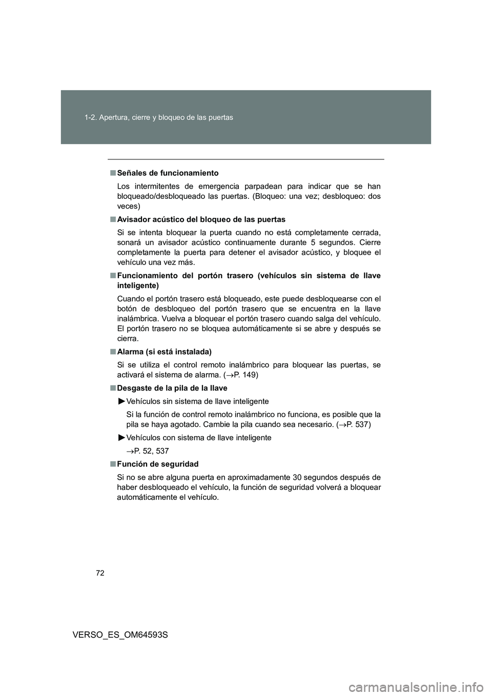TOYOTA VERSO 2016  Manuale de Empleo (in Spanish) 72 
1-2. Apertura, cierre y bloqueo de las puertas
VERSO_ES_OM64593S
■ Señales de funcionamiento 
Los intermitentes de emergencia parpadean para indicar que se han 
bloqueado/desbloqueado las puert