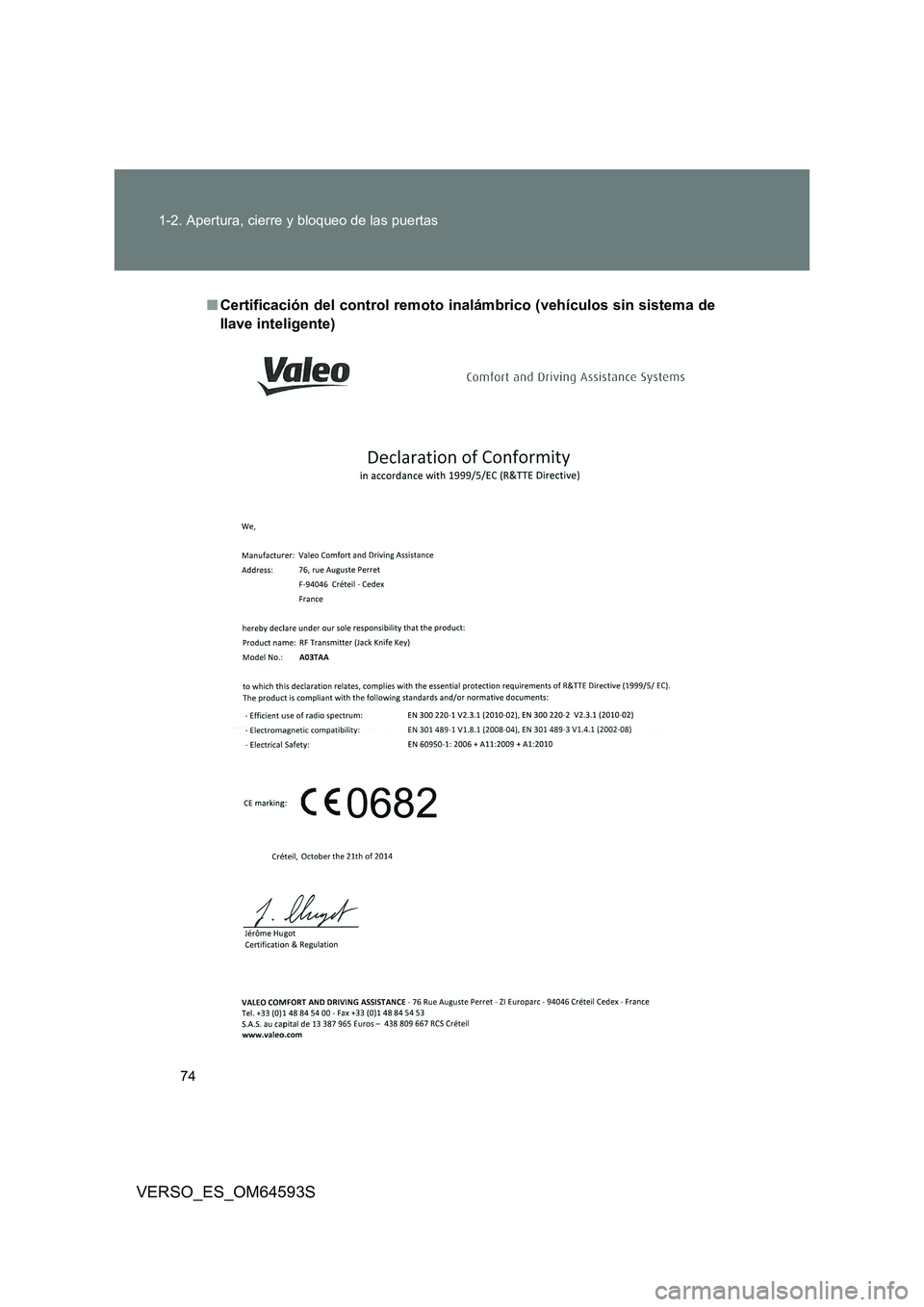 TOYOTA VERSO 2016  Manuale de Empleo (in Spanish) 74 
1-2. Apertura, cierre y bloqueo de las puertas
VERSO_ES_OM64593S
■ Certificación del control remoto inalámbrico (vehículos sin sistema de 
llave inteligente) 