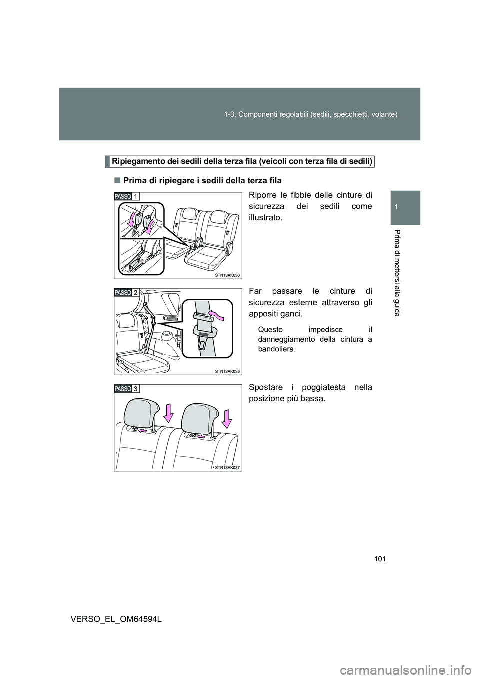 TOYOTA VERSO 2016  Manuale duso (in Italian) 101 
1-3. Componenti regolabili (sedili, specchietti, volante)
1
Prima di mettersi alla guida
VERSO_EL_OM64594L
Ripiegamento dei sedili della terza fila (veicoli con terza fila di sedili)
■ Prima di