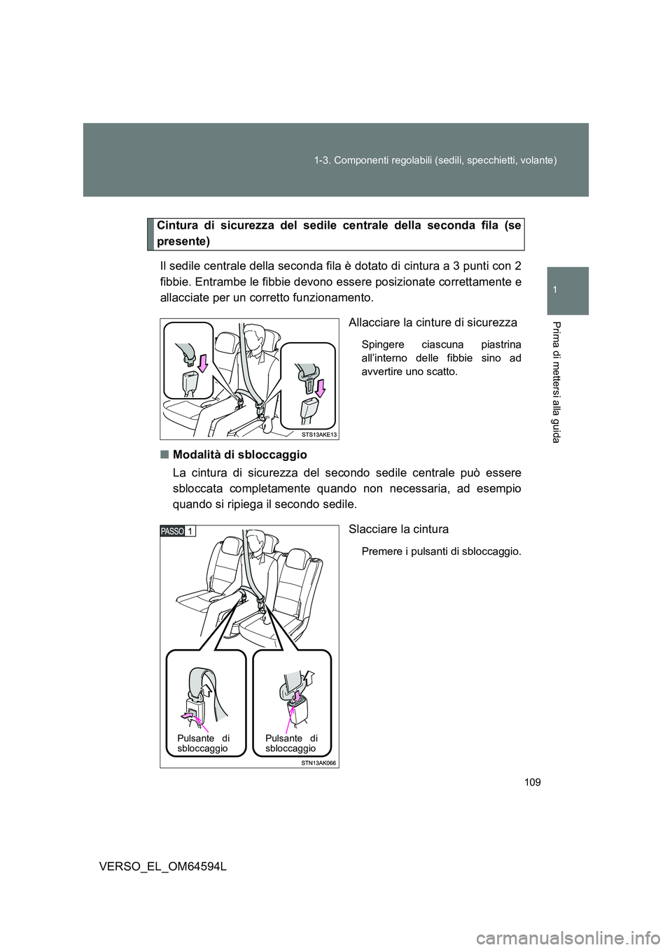 TOYOTA VERSO 2016  Manuale duso (in Italian) 109 
1-3. Componenti regolabili (sedili, specchietti, volante)
1
Prima di mettersi alla guida
VERSO_EL_OM64594L
Cintura di sicurezza del sedile centrale della seconda fila (se 
presente) 
Il sedile ce