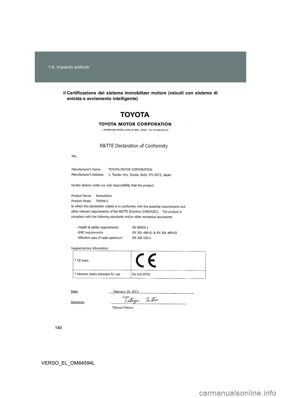 TOYOTA VERSO 2016  Manuale duso (in Italian) 140 
1-6. Impianto antifurto
VERSO_EL_OM64594L
■ Certificazione del sistema immobilizer motore (veicoli con sistema di 
entrata e avviamento intelligente) 