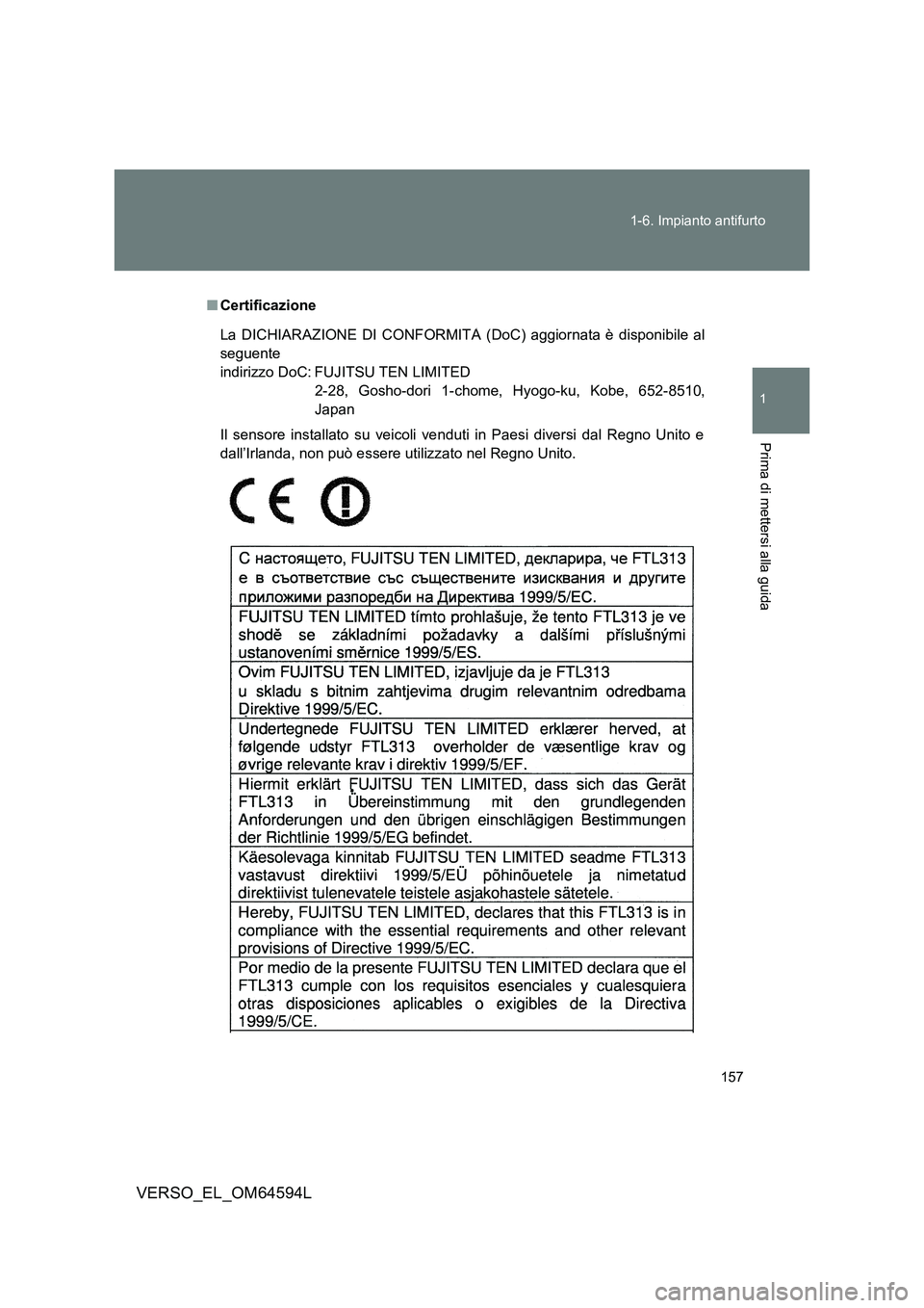 TOYOTA VERSO 2016  Manuale duso (in Italian) 157 
1-6. Impianto antifurto
1
Prima di mettersi alla guida
VERSO_EL_OM64594L
■ Certificazione
Il sensore installato su veicoli venduti in Paesi diversi dal Regno Unito e 
dall’Irlanda, non può e