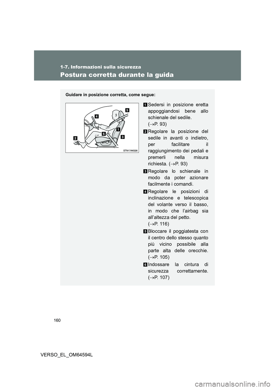 TOYOTA VERSO 2016  Manuale duso (in Italian) 160
VERSO_EL_OM64594L
1-7. Informazioni sulla sicurezza
Postura corretta durante la guida
Guidare in posizione corretta, come segue:
Sedersi in posizione eretta 
appoggiandosi bene allo 
schienale del