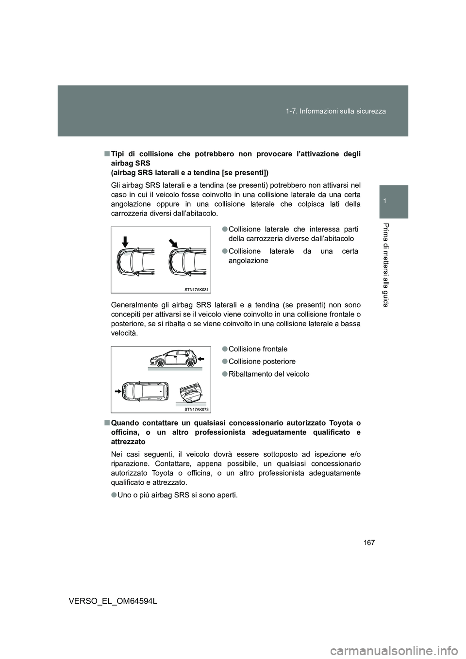 TOYOTA VERSO 2016  Manuale duso (in Italian) 167 
1-7. Informazioni sulla sicurezza
1
Prima di mettersi alla guida
VERSO_EL_OM64594L
■ Tipi di collisione che potrebbero non provocare l’attivazione degli 
airbag SRS 
(airbag SRS laterali e a 