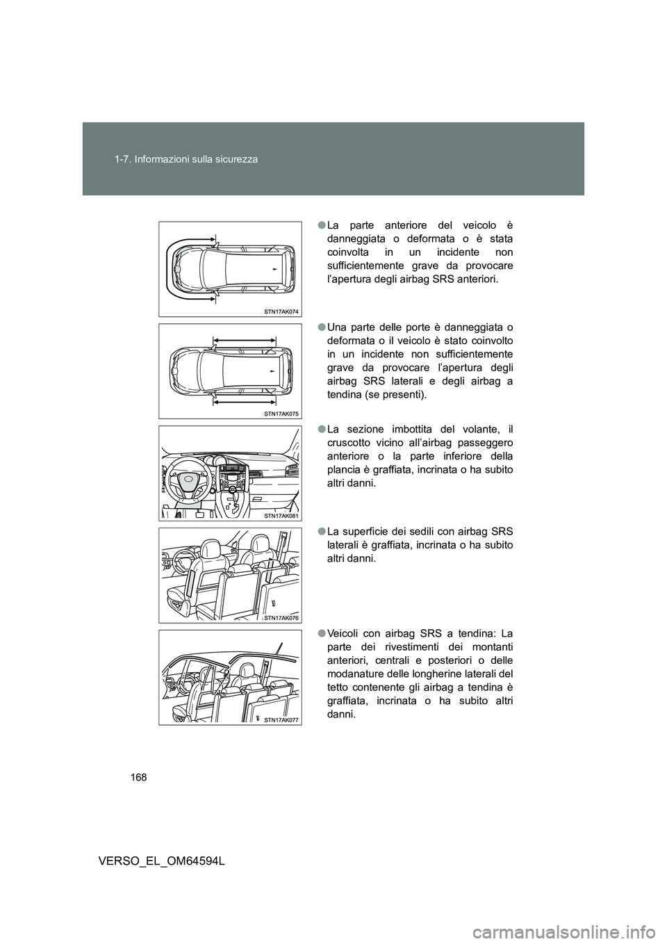 TOYOTA VERSO 2016  Manuale duso (in Italian) 168 
1-7. Informazioni sulla sicurezza
VERSO_EL_OM64594L
● La parte anteriore del veicolo è 
danneggiata o deformata o è stata
coinvolta in un incidente non
sufficientemente grave da provocare
l