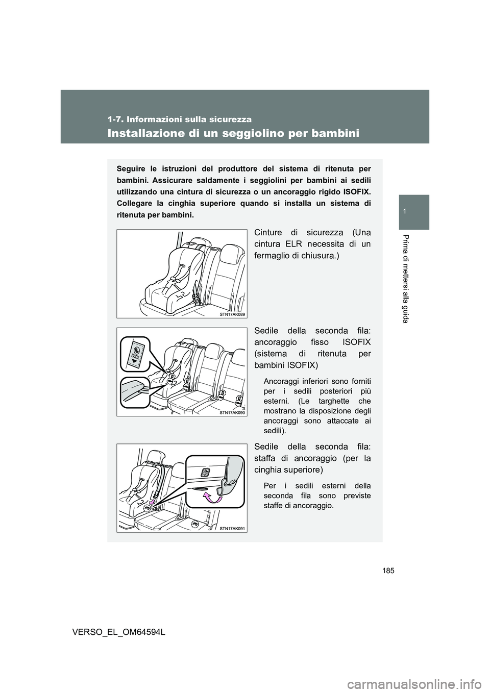 TOYOTA VERSO 2016  Manuale duso (in Italian) 185
1
1-7. Informazioni sulla sicurezza
Prima di mettersi alla guida
VERSO_EL_OM64594L
Installazione di un seggiolino per bambini
Seguire le istruzioni del produttore del sistema di ritenuta per 
bamb