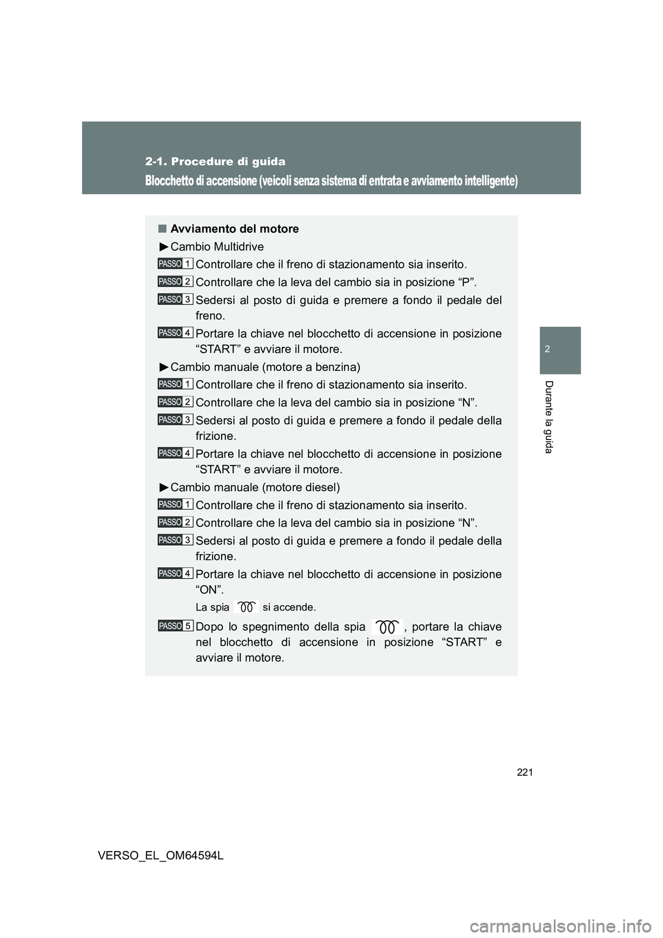 TOYOTA VERSO 2016 Manuale duso (in Italian) 221
2-1. Procedure di guida
2
Durante la guida
VERSO_EL_OM64594L
Blocchetto di accensione (veicoli senza sistema di entrata e avviamento intelligente)
■Avviamento del motore
Cambio Multidrive
Contr TOYOTA VERSO 2016 Manuale duso (in Italian) 221
2-1. Procedure di guida
2
Durante la guida
VERSO_EL_OM64594L
Blocchetto di accensione (veicoli senza sistema di entrata e avviamento intelligente)
■Avviamento del motore
Cambio Multidrive
Contr