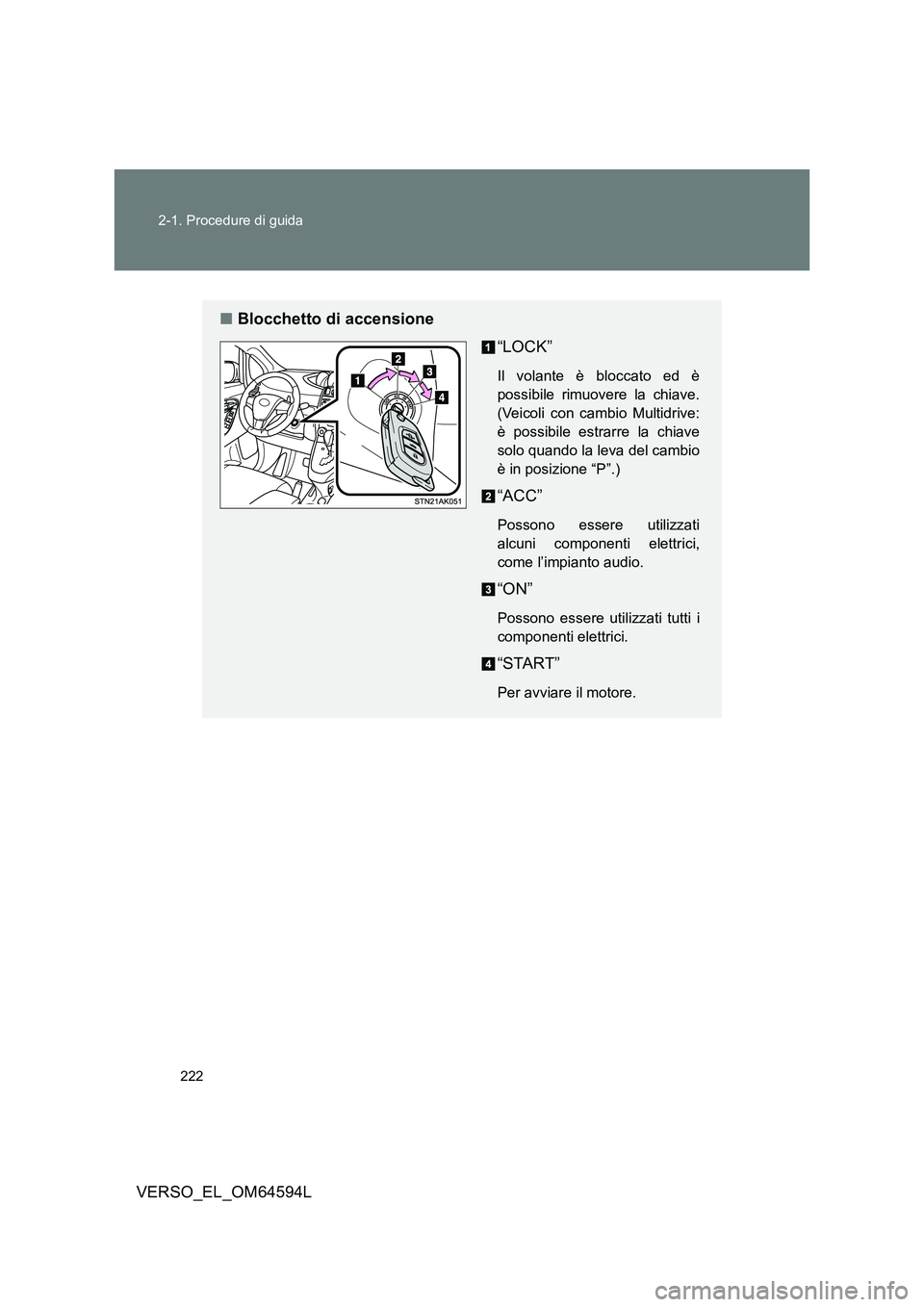 TOYOTA VERSO 2016 Manuale duso (in Italian) 222
2-1. Procedure di guida
VERSO_EL_OM64594L
■ Blocchetto di accensione
“LOCK”
Il volante è bloccato ed è
possibile rimuovere la chiave.
(Veicoli con cambio Multidrive:
è possibile estrar TOYOTA VERSO 2016 Manuale duso (in Italian) 222
2-1. Procedure di guida
VERSO_EL_OM64594L
■ Blocchetto di accensione
“LOCK”
Il volante è bloccato ed è
possibile rimuovere la chiave.
(Veicoli con cambio Multidrive:
è possibile estrar