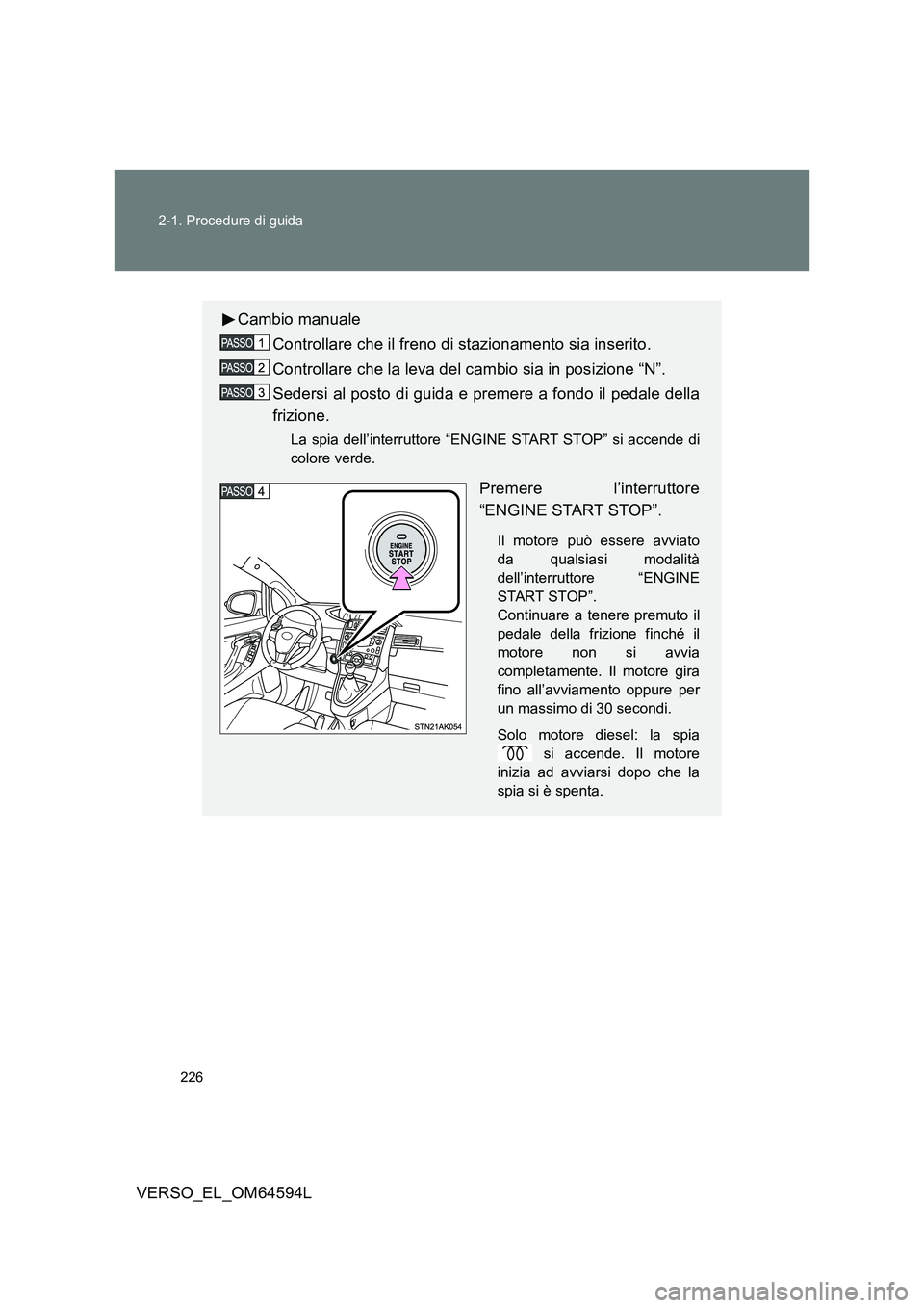 TOYOTA VERSO 2016 Manuale duso (in Italian) 226
2-1. Procedure di guida
VERSO_EL_OM64594L
Cambio manuale
Controllare che il freno di stazionamento sia inserito.
Controllare che la leva del cambio sia in posizione “N”.
Sedersi al posto d TOYOTA VERSO 2016 Manuale duso (in Italian) 226
2-1. Procedure di guida
VERSO_EL_OM64594L
Cambio manuale
Controllare che il freno di stazionamento sia inserito.
Controllare che la leva del cambio sia in posizione “N”.
Sedersi al posto d