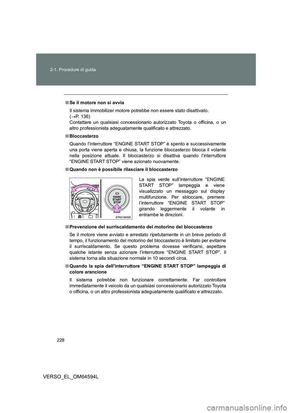 TOYOTA VERSO 2016 Manuale duso (in Italian) 228
2-1. Procedure di guida
VERSO_EL_OM64594L
■ Se il motore non si avvia
Il sistema immobilizer motore potrebbe non essere stato disattivato.
( P. 1 3 6 )
Contattare un qualsiasi concess TOYOTA VERSO 2016 Manuale duso (in Italian) 228
2-1. Procedure di guida
VERSO_EL_OM64594L
■ Se il motore non si avvia
Il sistema immobilizer motore potrebbe non essere stato disattivato.
( P. 1 3 6 )
Contattare un qualsiasi concess