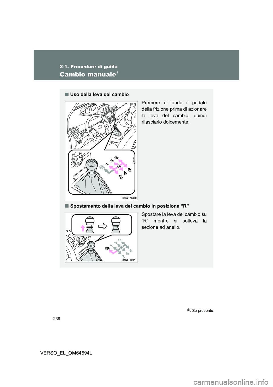 TOYOTA VERSO 2016 Manuale duso (in Italian) 238
2-1. Procedure di guida
VERSO_EL_OM64594L
Cambio manuale
: Se presente
■Uso della leva del cambio
Premere a fondo il pedale
della frizione prima di azionare
la leva del cambio, quindi
TOYOTA VERSO 2016 Manuale duso (in Italian) 238
2-1. Procedure di guida
VERSO_EL_OM64594L
Cambio manuale
: Se presente
■Uso della leva del cambio
Premere a fondo il pedale
della frizione prima di azionare
la leva del cambio, quindi