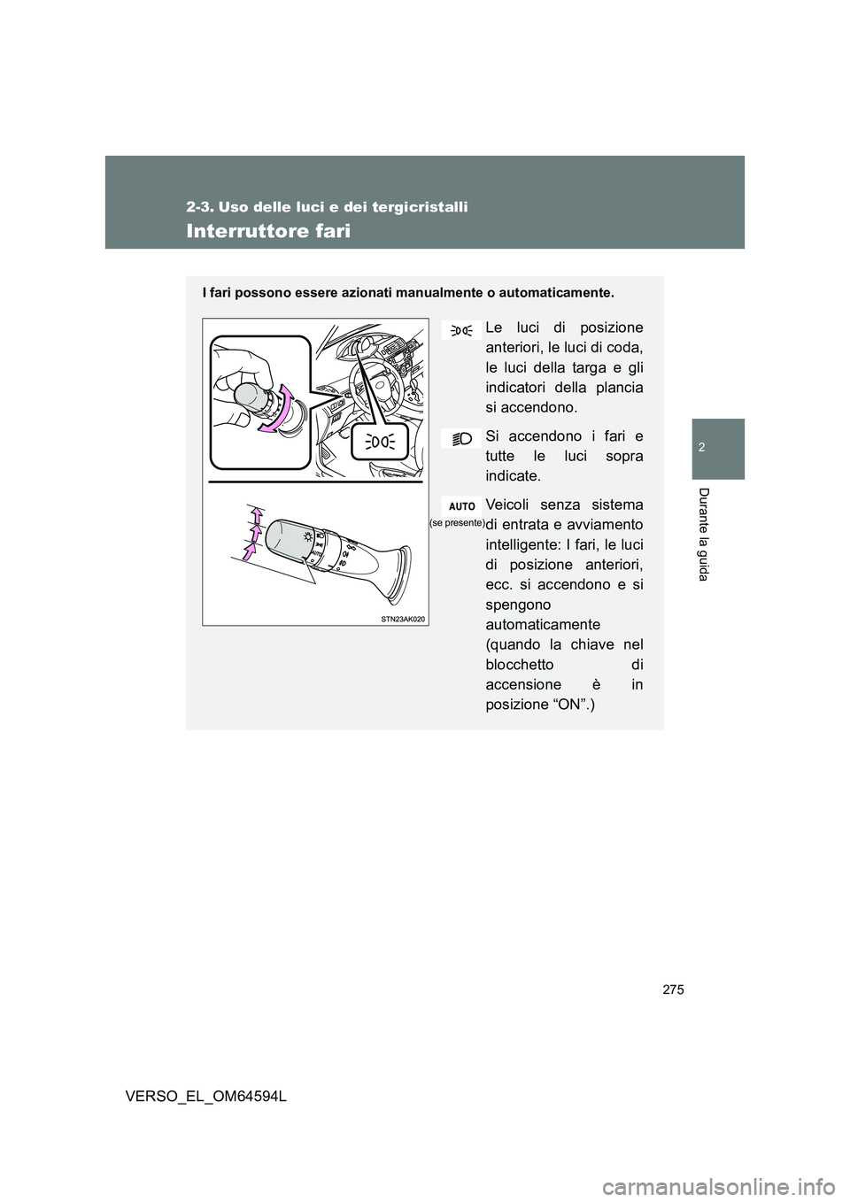 TOYOTA VERSO 2016 Manuale duso (in Italian) 275
2
Durante la guida
VERSO_EL_OM64594L
2-3. Uso delle luci e dei tergicristalli
Interruttore fari
I fari possono essere azionati manualmente o automaticamente.
Le luci di posizione
anteriori, le lu TOYOTA VERSO 2016 Manuale duso (in Italian) 275
2
Durante la guida
VERSO_EL_OM64594L
2-3. Uso delle luci e dei tergicristalli
Interruttore fari
I fari possono essere azionati manualmente o automaticamente.
Le luci di posizione
anteriori, le lu