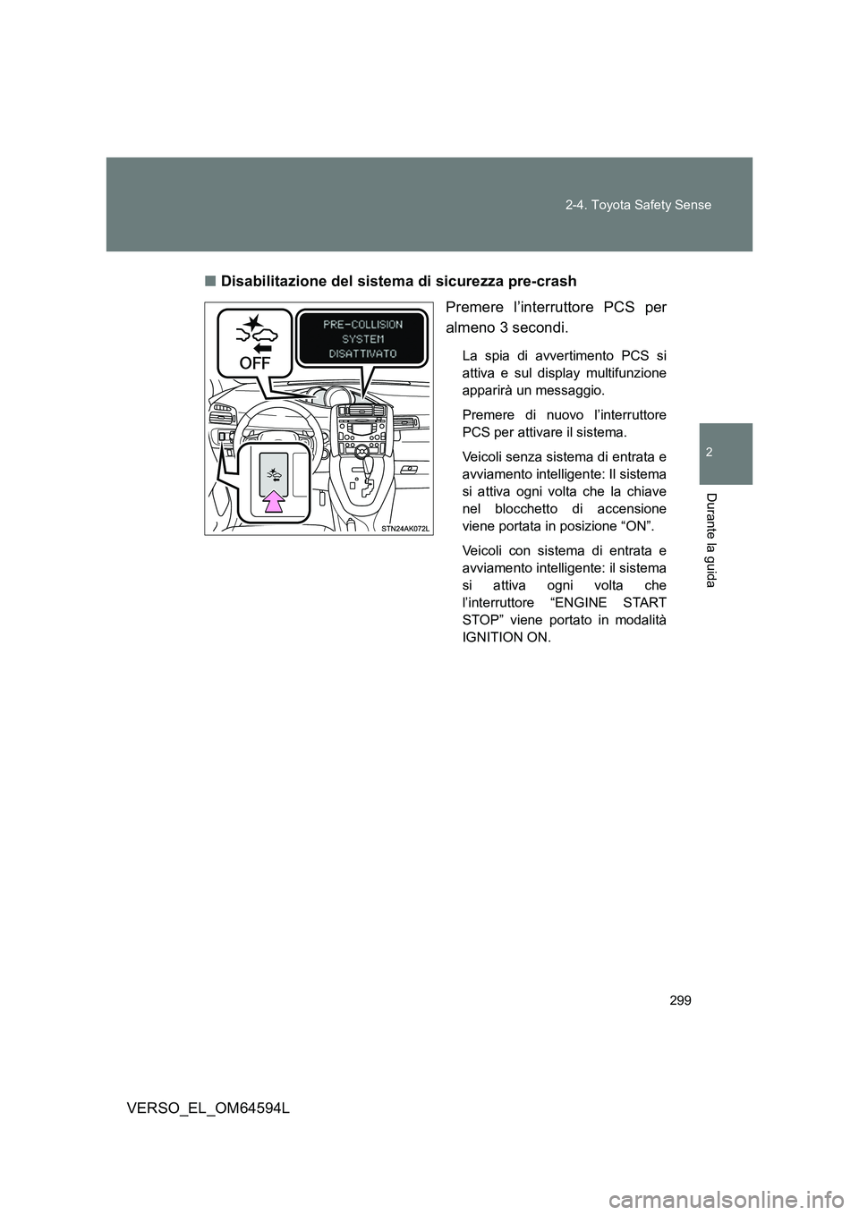 TOYOTA VERSO 2016  Manuale duso (in Italian) 299 
2-4. Toyota Safety Sense
2
Durante la guida
VERSO_EL_OM64594L 
■ Disabilitazione del sistema di sicurezza pre-crash 
Premere l’interruttore PCS per 
almeno 3 secondi.
La spia di avvertimento 