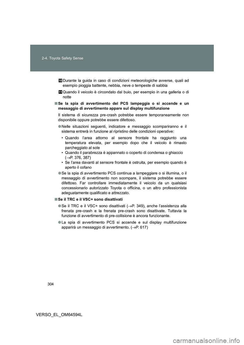 TOYOTA VERSO 2016  Manuale duso (in Italian) 304 
2-4. Toyota Safety Sense
VERSO_EL_OM64594L
Durante la guida in caso di condizi oni meteorologiche avverse, quali ad 
esempio pioggia battente, nebbia, neve o tempeste di sabbia 
Quando il veicolo