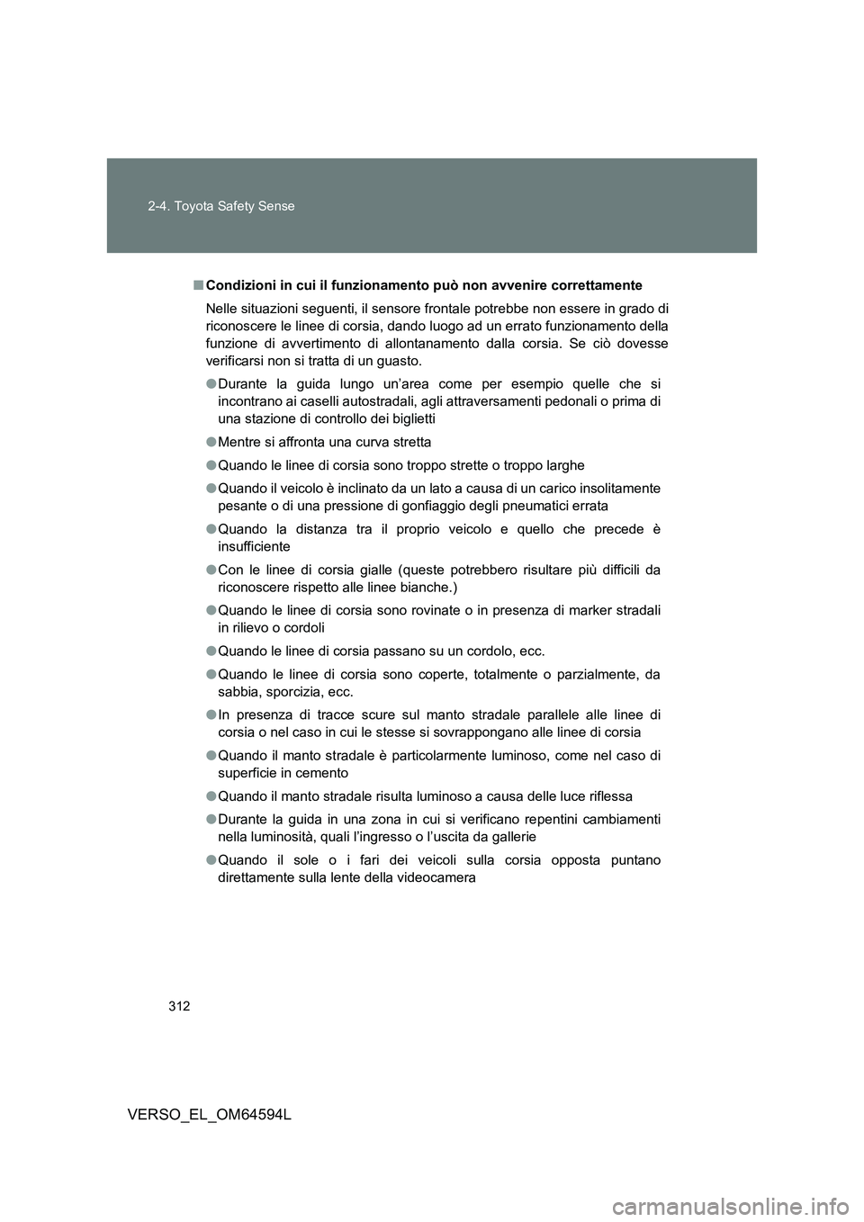 TOYOTA VERSO 2016  Manuale duso (in Italian) 312 
2-4. Toyota Safety Sense
VERSO_EL_OM64594L
■ Condizioni in cui il funzionamento può non avvenire correttamente 
Nelle situazioni seguenti, il sensore frontale potrebbe non essere in grado di 
