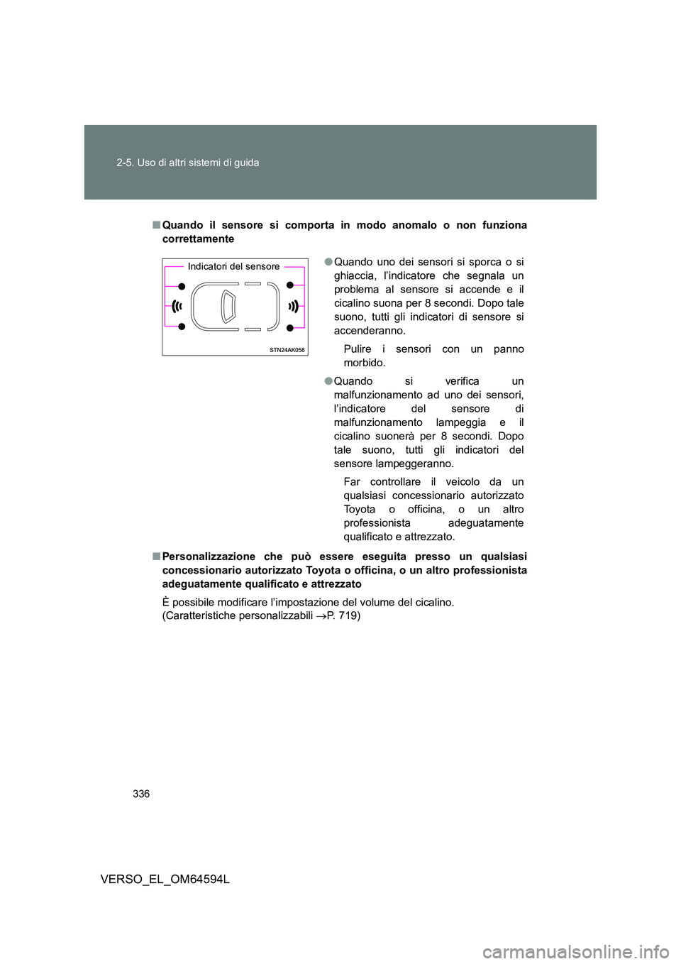 TOYOTA VERSO 2016  Manuale duso (in Italian) 336 
2-5. Uso di altri sistemi di guida
VERSO_EL_OM64594L
■ Quando il sensore si comporta in modo anomalo o non funziona 
correttamente 
■ Personalizzazione che può essere eseguita presso un qual