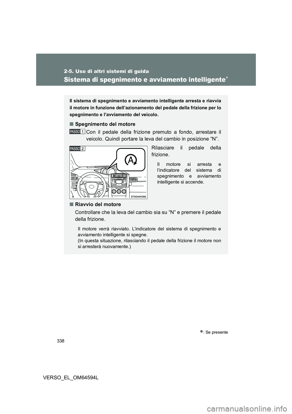 TOYOTA VERSO 2016  Manuale duso (in Italian) 338
2-5. Uso di altri sistemi di guida
VERSO_EL_OM64594L
Sistema di spegnimento e avviamento intelligente
: Se presente
Il sistema di spegnimento e avviamento intelligente arresta e riavvia 
il 