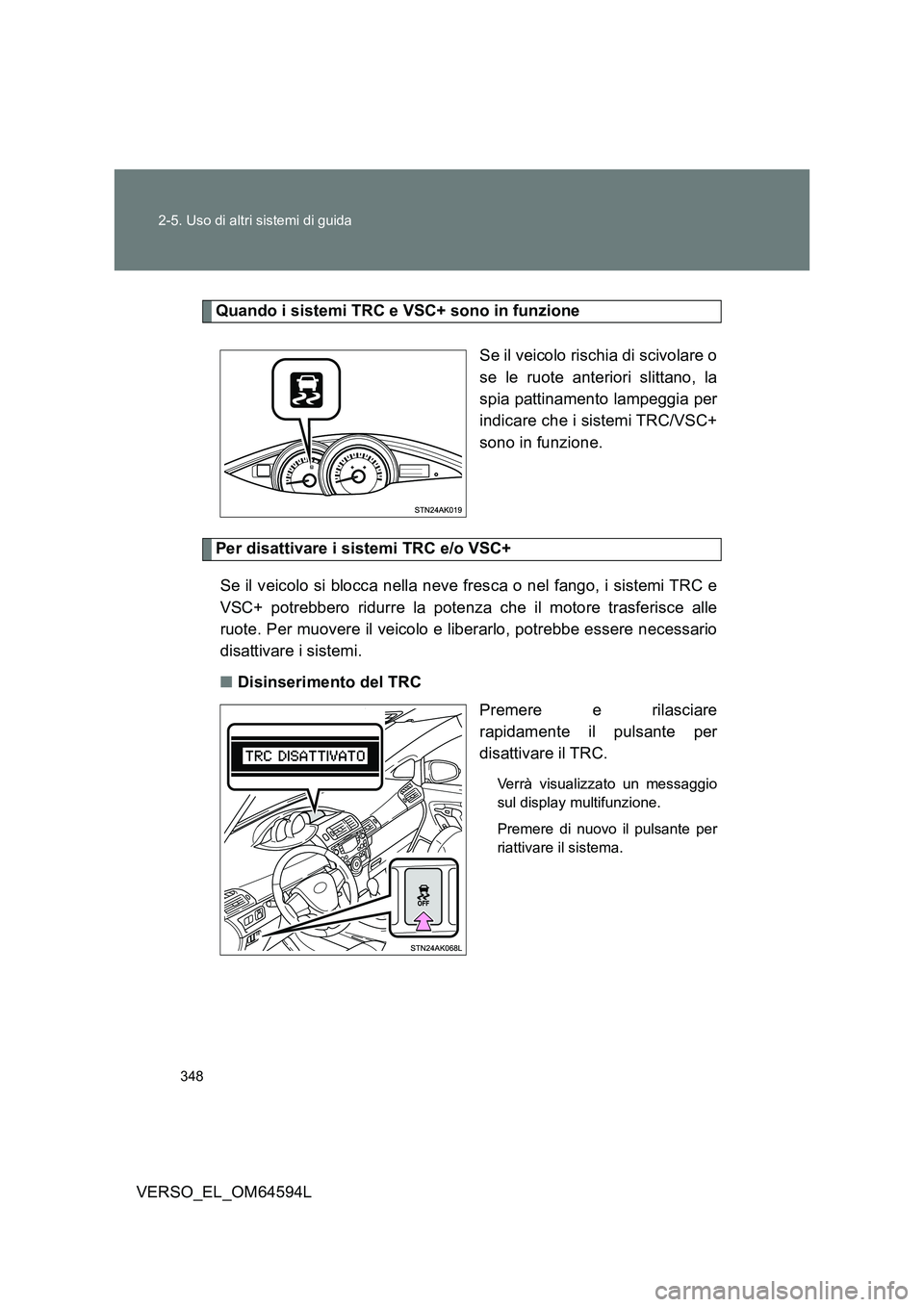 TOYOTA VERSO 2016 Manuale duso (in Italian) 348
2-5. Uso di altri sistemi di guida
VERSO_EL_OM64594L
Quando i sistemi TRC e VSC+ sono in funzione
Se il veicolo rischia di scivolare o
se le ruote anteriori slittano, la
spia pattinamento lampe TOYOTA VERSO 2016 Manuale duso (in Italian) 348
2-5. Uso di altri sistemi di guida
VERSO_EL_OM64594L
Quando i sistemi TRC e VSC+ sono in funzione
Se il veicolo rischia di scivolare o
se le ruote anteriori slittano, la
spia pattinamento lampe