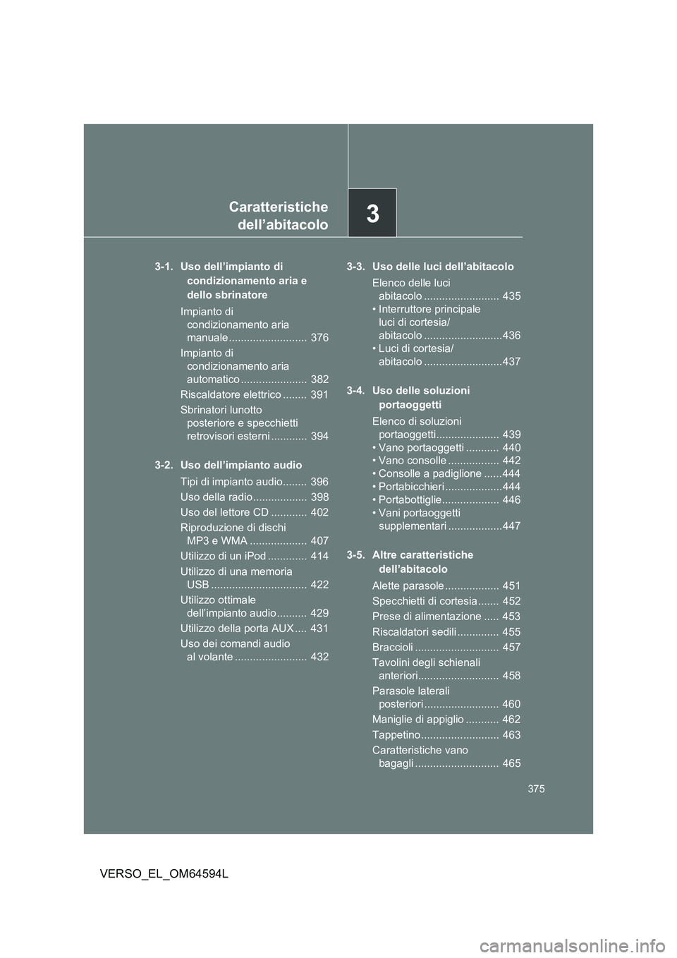 TOYOTA VERSO 2016 Manuale duso (in Italian) 3Caratteristiche
dell’abitacolo
375
VERSO_EL_OM64594L
3-1. Uso dell’impianto di
condizionamento aria e
dello sbrinatore
Impianto di
condizionamento aria
manuale .......................... TOYOTA VERSO 2016 Manuale duso (in Italian) 3Caratteristiche
dell’abitacolo
375
VERSO_EL_OM64594L
3-1. Uso dell’impianto di
condizionamento aria e
dello sbrinatore
Impianto di
condizionamento aria
manuale ..........................