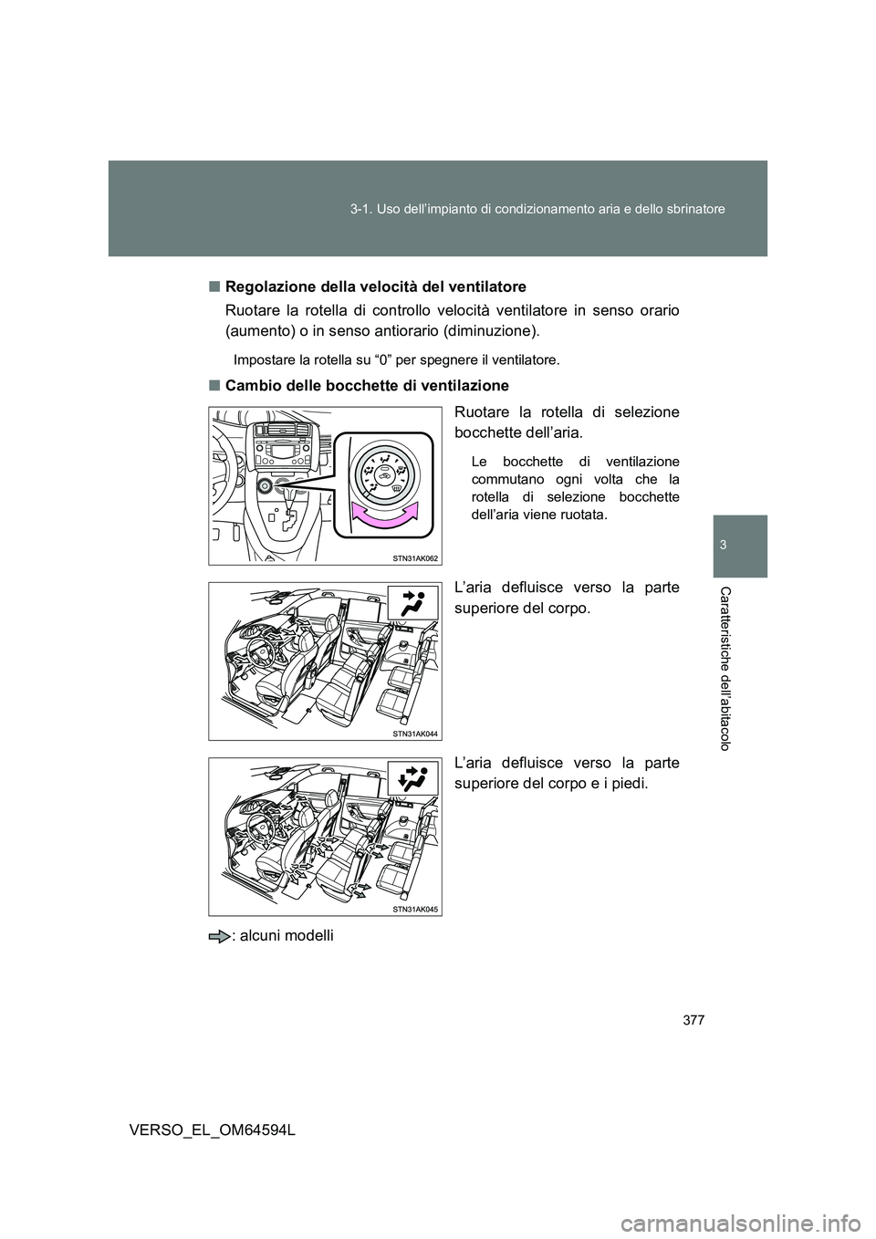 TOYOTA VERSO 2016 Manuale duso (in Italian) 377
3-1. Uso dell’impianto di condizionamento aria e dello sbrinatore
3
Caratteristiche dell’abitacolo
VERSO_EL_OM64594L
■ Regolazione della velocità del ventilatore
Ruotare la rotella di co TOYOTA VERSO 2016 Manuale duso (in Italian) 377
3-1. Uso dell’impianto di condizionamento aria e dello sbrinatore
3
Caratteristiche dell’abitacolo
VERSO_EL_OM64594L
■ Regolazione della velocità del ventilatore
Ruotare la rotella di co