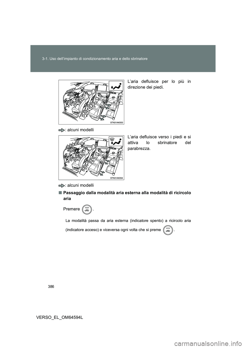 TOYOTA VERSO 2016 Manuale duso (in Italian) 386
3-1. Uso dell’impianto di condizionamento aria e dello sbrinatore
VERSO_EL_OM64594L
L’aria defluisce per lo più in
direzione dei piedi.
: alcuni modelli
L’aria defluisce verso i piedi TOYOTA VERSO 2016 Manuale duso (in Italian) 386
3-1. Uso dell’impianto di condizionamento aria e dello sbrinatore
VERSO_EL_OM64594L
L’aria defluisce per lo più in
direzione dei piedi.
: alcuni modelli
L’aria defluisce verso i piedi
