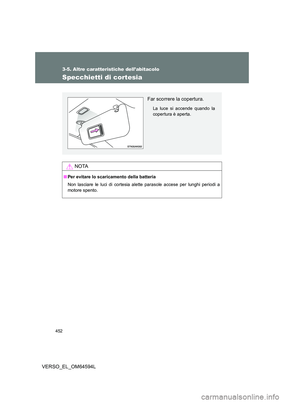 TOYOTA VERSO 2016  Manuale duso (in Italian) 452
3-5. Altre caratteristiche dell’abitacolo
VERSO_EL_OM64594L
Specchietti di cortesia
NOTA
■Per evitare lo scaricamento della batteria 
Non lasciare le luci di cortesia alette parasole accese pe