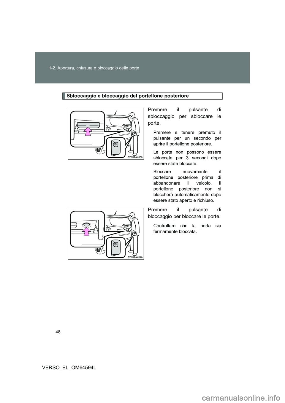 TOYOTA VERSO 2016 Manuale duso (in Italian) 48
1-2. Apertura, chiusura e bloccaggio delle porte
VERSO_EL_OM64594L
Sbloccaggio e bloccaggio del portellone posteriore
Premere il pulsante di
sbloccaggio per sbloccare le
porte.
Premere e tenere TOYOTA VERSO 2016 Manuale duso (in Italian) 48
1-2. Apertura, chiusura e bloccaggio delle porte
VERSO_EL_OM64594L
Sbloccaggio e bloccaggio del portellone posteriore
Premere il pulsante di
sbloccaggio per sbloccare le
porte.
Premere e tenere