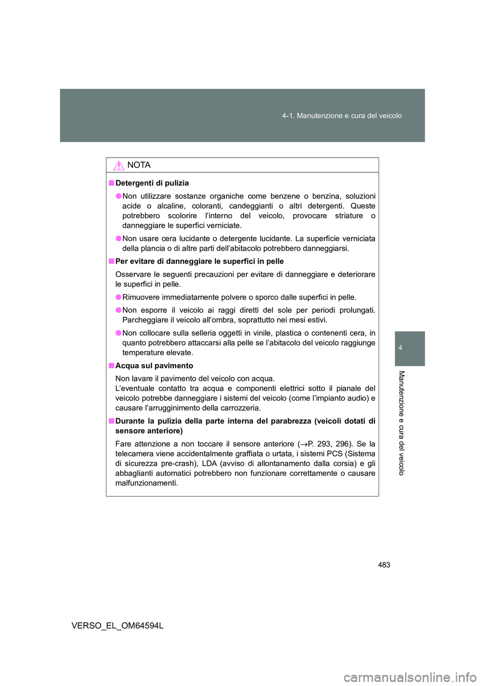 TOYOTA VERSO 2016 Manuale duso (in Italian) 483
4-1. Manutenzione e cura del veicolo
4
Manutenzione e cura del veicolo
VERSO_EL_OM64594L
NOTA
■ Detergenti di pulizia
● Non utilizzare sostanze organiche come benzene o benzina, soluzioni
a TOYOTA VERSO 2016 Manuale duso (in Italian) 483
4-1. Manutenzione e cura del veicolo
4
Manutenzione e cura del veicolo
VERSO_EL_OM64594L
NOTA
■ Detergenti di pulizia
● Non utilizzare sostanze organiche come benzene o benzina, soluzioni
a