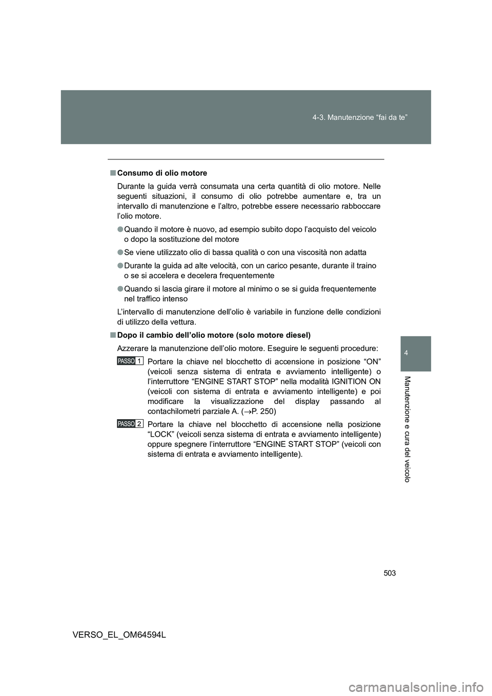TOYOTA VERSO 2016 Manuale duso (in Italian) 503
4-3. Manutenzione “fai da te”
4
Manutenzione e cura del veicolo
VERSO_EL_OM64594L
■ Consumo di olio motore
Durante la guida verrà consumata una certa quantità di olio motore. Nelle
segu TOYOTA VERSO 2016 Manuale duso (in Italian) 503
4-3. Manutenzione “fai da te”
4
Manutenzione e cura del veicolo
VERSO_EL_OM64594L
■ Consumo di olio motore
Durante la guida verrà consumata una certa quantità di olio motore. Nelle
segu