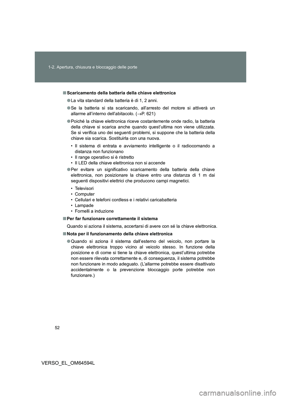 TOYOTA VERSO 2016  Manuale duso (in Italian) 52 
1-2. Apertura, chiusura e bloccaggio delle porte
VERSO_EL_OM64594L
■ Scaricamento della batteria della chiave elettronica 
● La vita standard della batteria è di 1, 2 anni. 
● Se la batteri