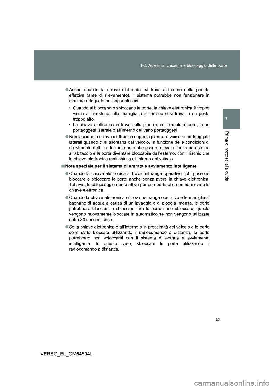 TOYOTA VERSO 2016  Manuale duso (in Italian) 53 
1-2. Apertura, chiusura e bloccaggio delle porte
1
Prima di mettersi alla guida
VERSO_EL_OM64594L
● Anche quando la chiave elettronica si trova all’interno della portata 
effettiva (aree di ri