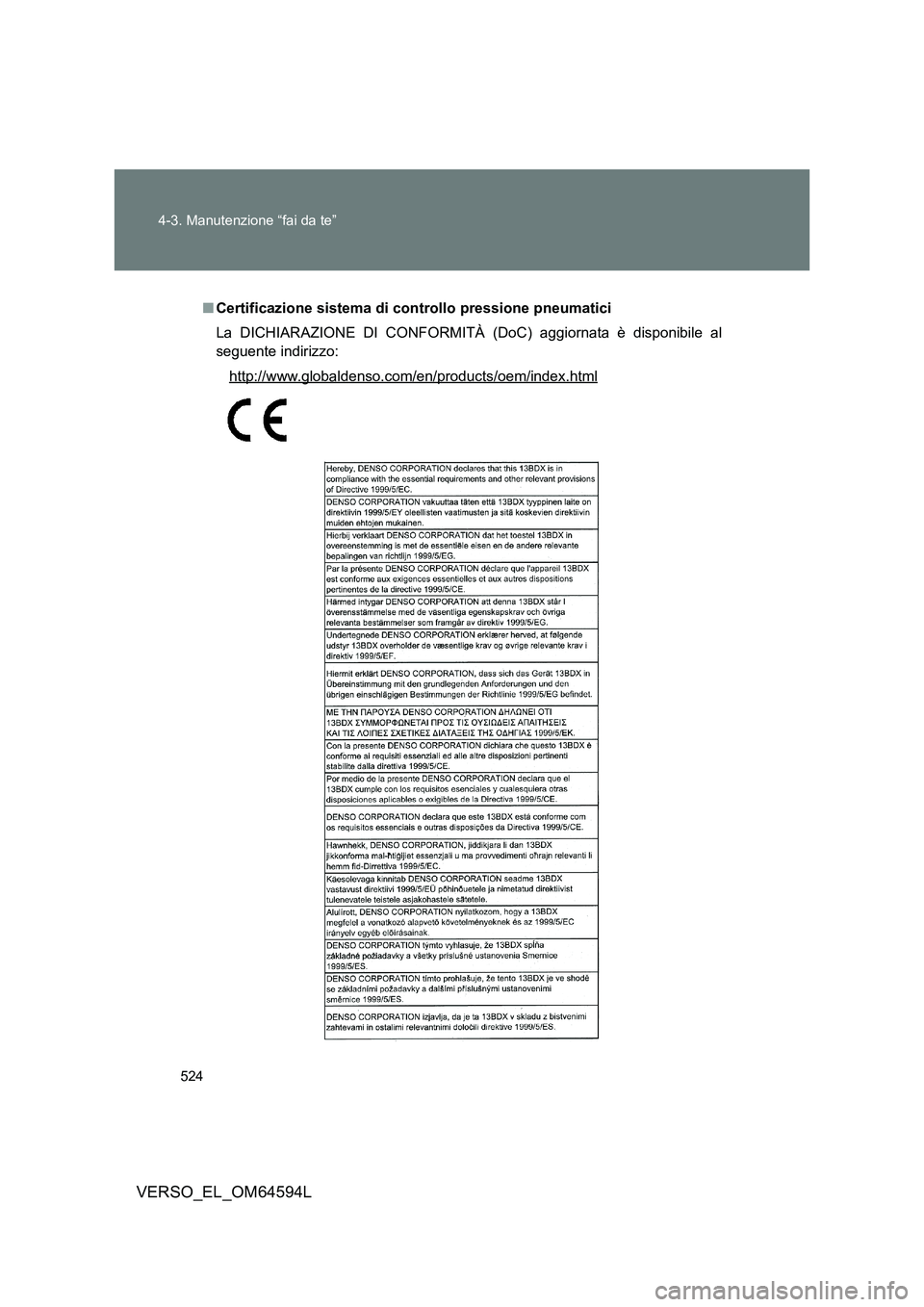 TOYOTA VERSO 2016  Manuale duso (in Italian) 524 
4-3. Manutenzione “fai da te”
VERSO_EL_OM64594L
■ Certificazione sistema di controllo pressione pneumatici 
La DICHIARAZIONE DI CONFORMITÀ (DoC) aggiornata è disponibile al 
seguente indi