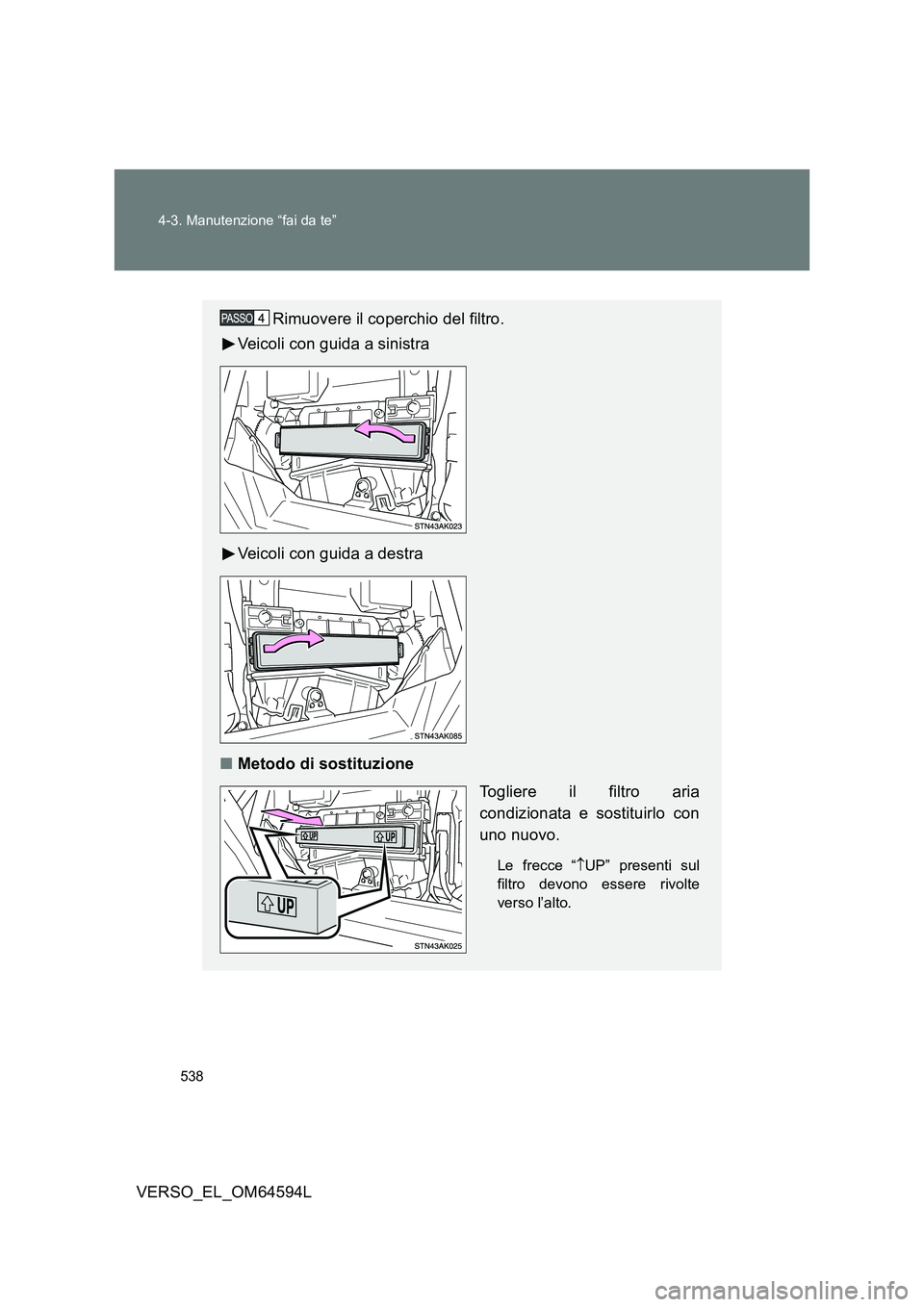 TOYOTA VERSO 2016  Manuale duso (in Italian) 538 
4-3. Manutenzione “fai da te”
VERSO_EL_OM64594L
Rimuovere il coperchio del filtro. 
Veicoli con guida a sinistra 
Veicoli con guida a destra
■ Metodo di sostituzione 
Togliere il filtro ari