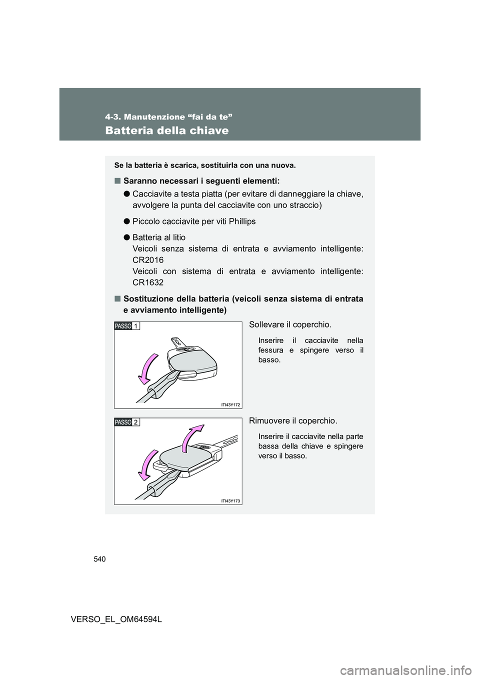 TOYOTA VERSO 2016  Manuale duso (in Italian) 540
4-3. Manutenzione “fai da te”
VERSO_EL_OM64594L
Batteria della chiave
Se la batteria è scarica, sostituirla con una nuova.
■Saranno necessari i seguenti elementi: 
● Cacciavite a testa pi
