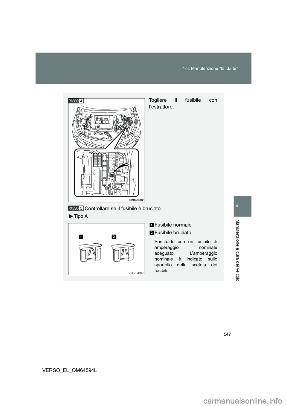 TOYOTA VERSO 2016  Manuale duso (in Italian) 547 
4-3. Manutenzione “fai da te”
4
Manutenzione e cura del veicolo
VERSO_EL_OM64594L
Togliere il fusibile con 
l’estrattore. 
Controllare se il fusibile è bruciato. 
Tipo A 
Fusibile normale 