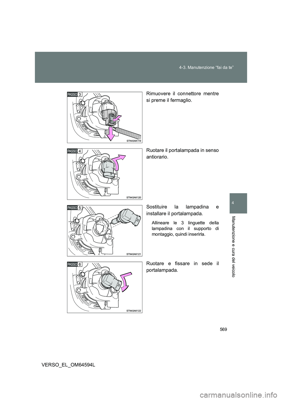 TOYOTA VERSO 2016  Manuale duso (in Italian) 569 
4-3. Manutenzione “fai da te”
4
Manutenzione e cura del veicolo
VERSO_EL_OM64594L 
Rimuovere il connettore mentre 
si preme il fermaglio. 
Ruotare il portalampada in senso 
antiorario. 
Sosti