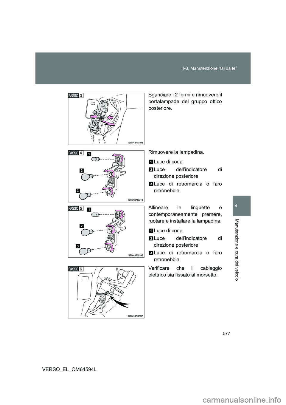 TOYOTA VERSO 2016  Manuale duso (in Italian) 577 
4-3. Manutenzione “fai da te”
4
Manutenzione e cura del veicolo
VERSO_EL_OM64594L 
Sganciare i 2 fermi e rimuovere il 
portalampade del gruppo ottico 
posteriore. 
Rimuovere la lampadina. 
Lu