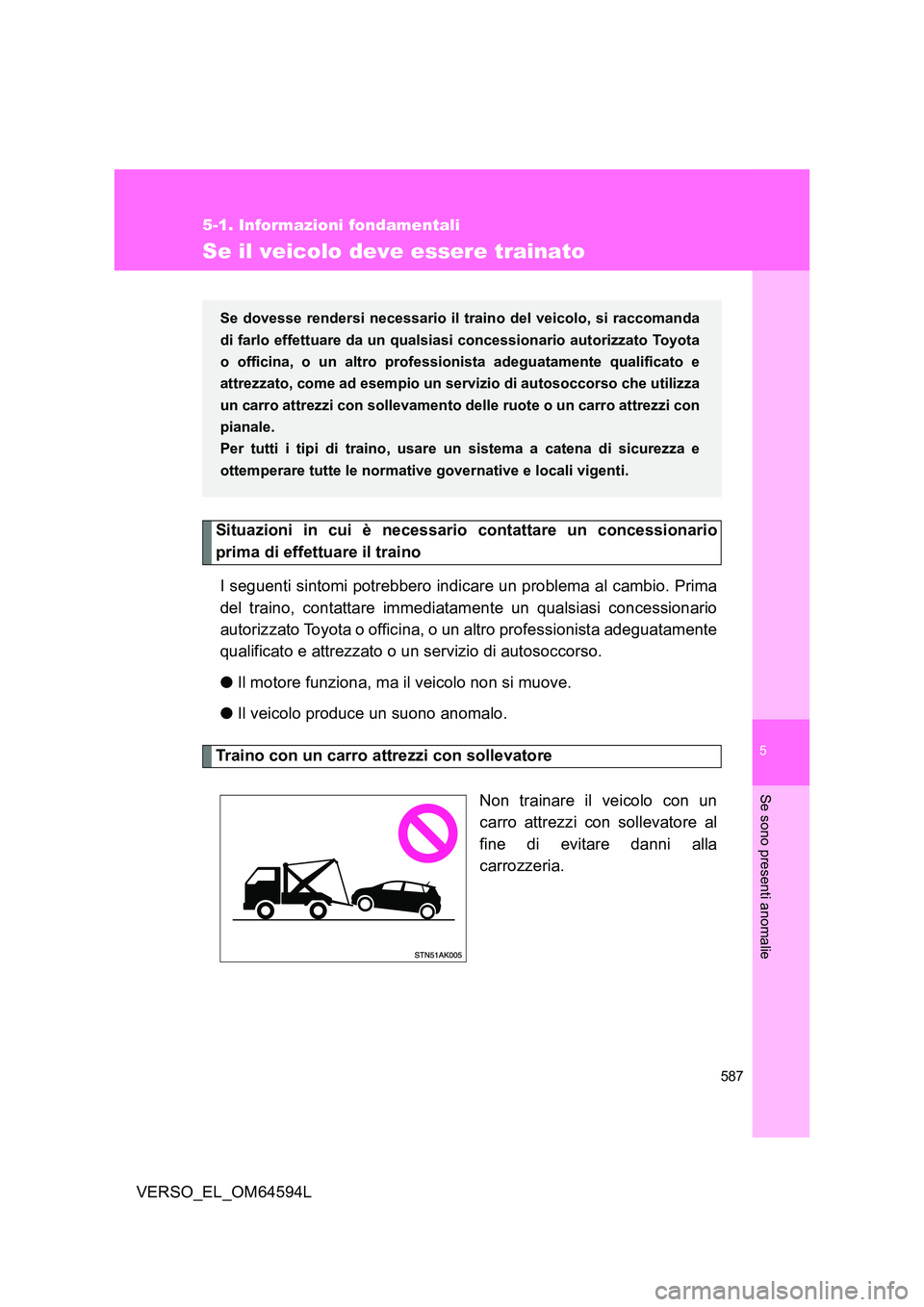 TOYOTA VERSO 2016  Manuale duso (in Italian) 5
587
5-1. Informazioni fondamentali
Se sono presenti anomalie
VERSO_EL_OM64594L
Se il veicolo deve essere trainato
Situazioni in cui è necessario contattare un concessionario 
prima di effettuare il