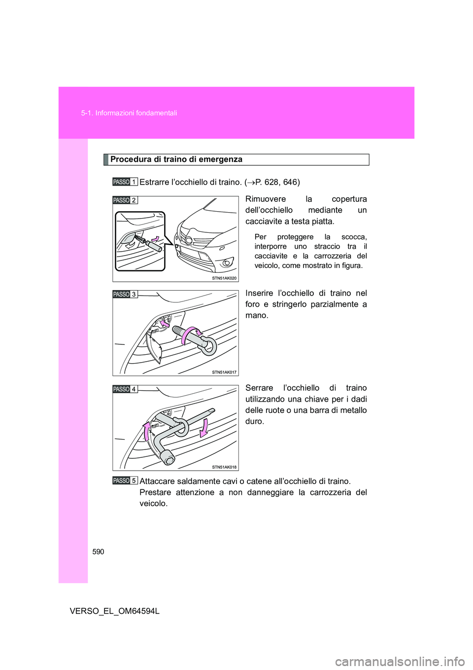 TOYOTA VERSO 2016  Manuale duso (in Italian) 590 
5-1. Informazioni fondamentali
VERSO_EL_OM64594L
Procedura di traino di emergenza 
Estrarre l’occhiello di traino. ( P. 628, 646) 
Rimuovere la copertura 
dell’occhiello mediante un
caccia