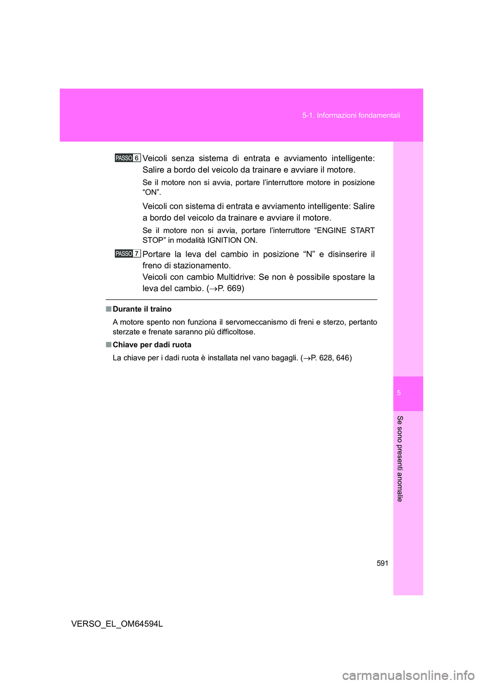TOYOTA VERSO 2016  Manuale duso (in Italian) 5
591 
5-1. Informazioni fondamentali
Se sono presenti anomalie
VERSO_EL_OM64594L 
Veicoli senza sistema di entrata e avviamento intelligente: 
Salire a bordo del veicolo da trainare e avviare il moto