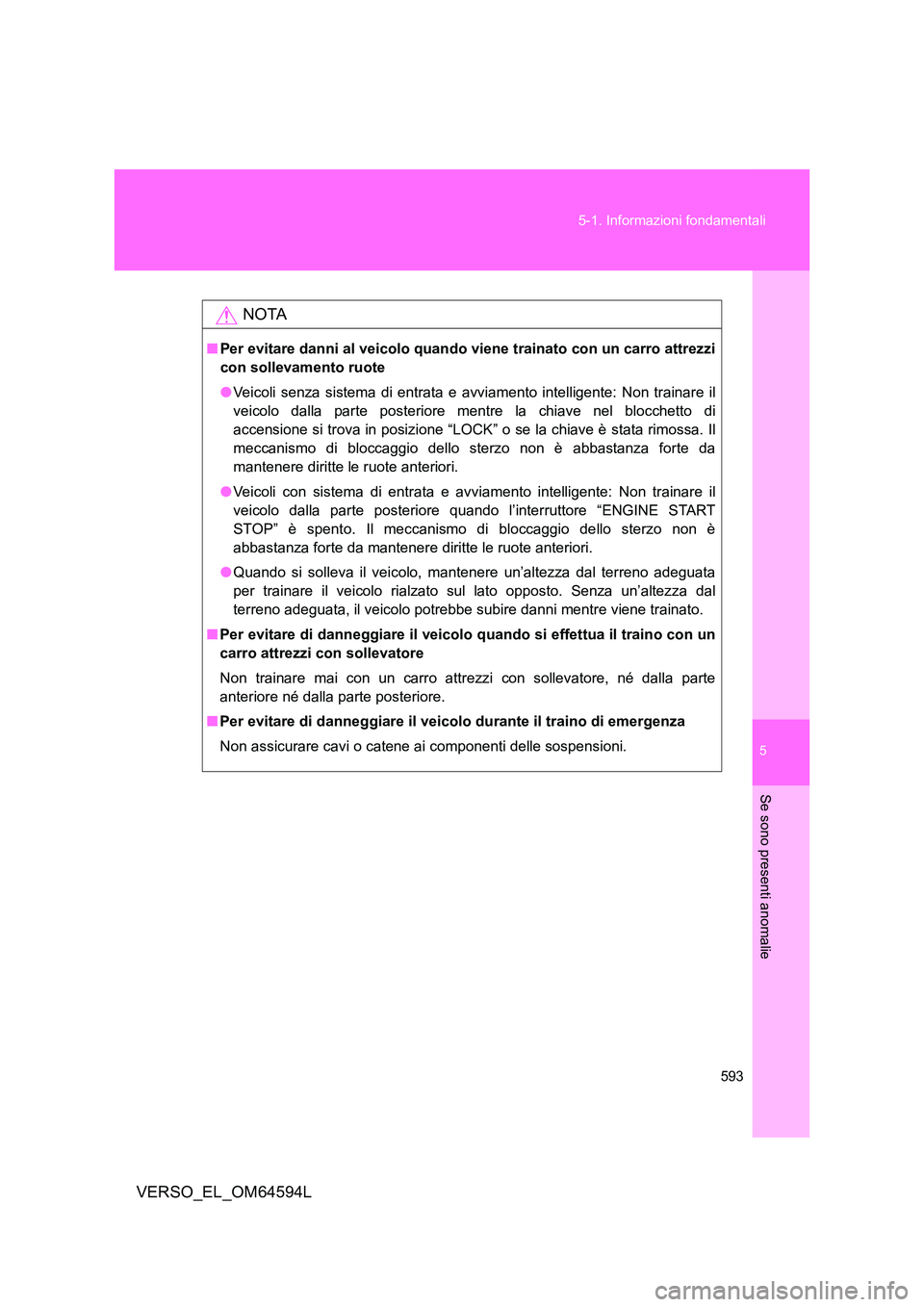 TOYOTA VERSO 2016  Manuale duso (in Italian) 5
593 
5-1. Informazioni fondamentali
Se sono presenti anomalie
VERSO_EL_OM64594L
NOTA
■ Per evitare danni al veicolo quando viene trainato con un carro attrezzi 
con sollevamento ruote 
● Veicoli