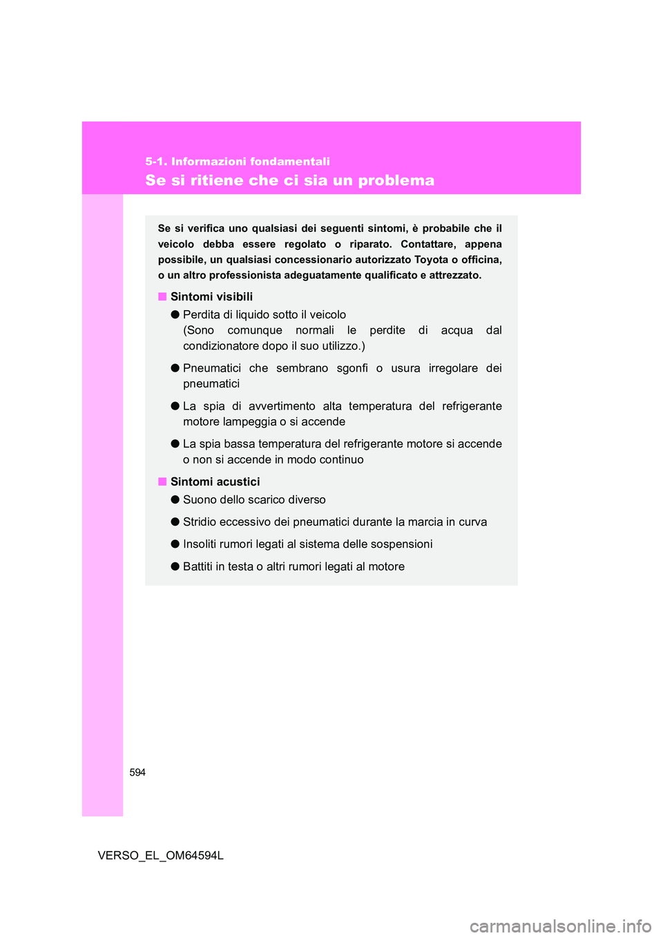 TOYOTA VERSO 2016  Manuale duso (in Italian) 594
5-1. Informazioni fondamentali
VERSO_EL_OM64594L
Se si ritiene che ci sia un problema
Se si verifica uno qualsiasi dei seguenti sintomi, è probabile che il 
veicolo debba essere regolato o ripara