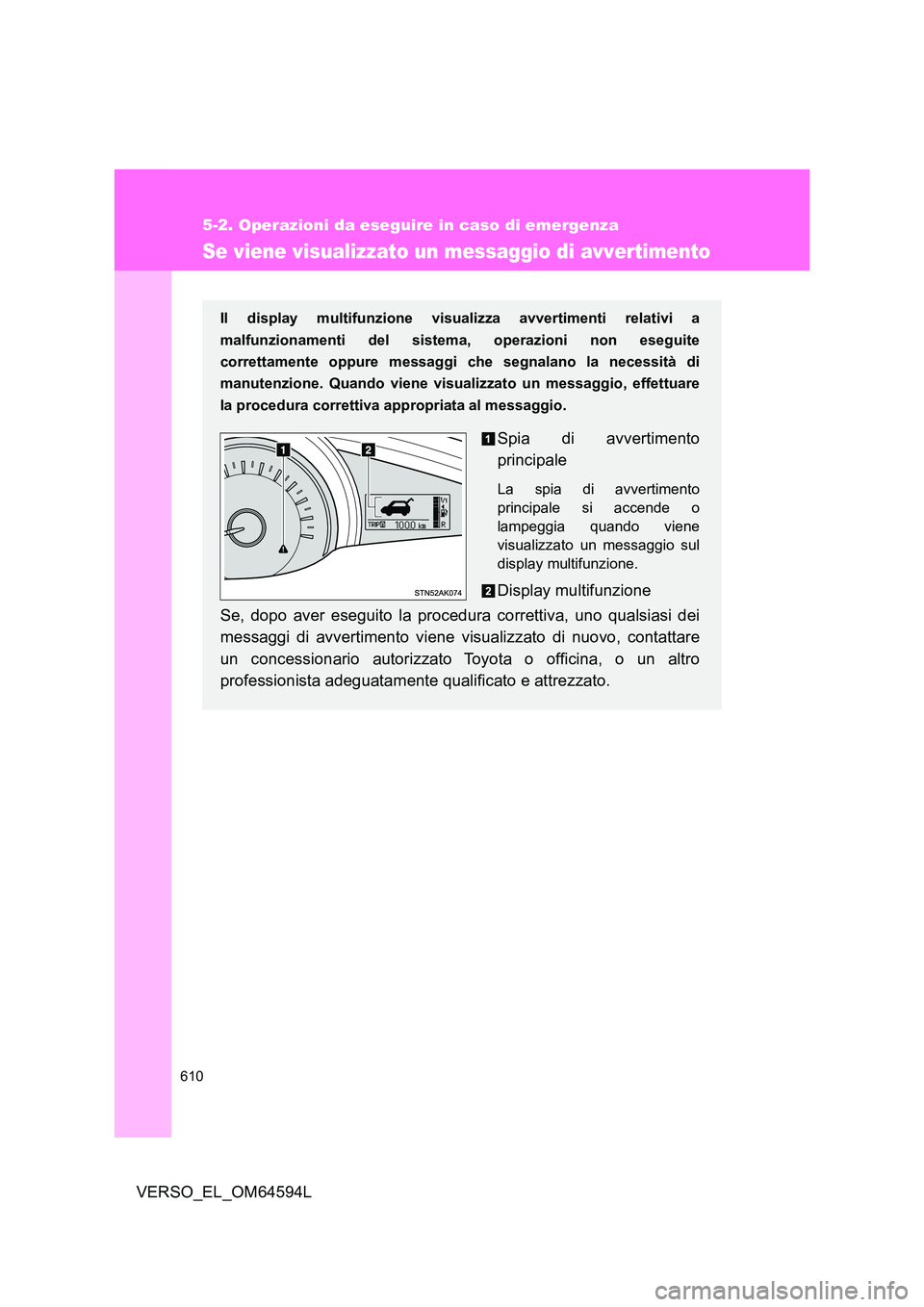 TOYOTA VERSO 2016  Manuale duso (in Italian) 610
5-2. Operazioni da eseguire in caso di emergenza
VERSO_EL_OM64594L
Se viene visualizzato un messaggio di avvertimento
Il display multifunzione visualizza avvertimenti relativi a 
malfunzionamenti 