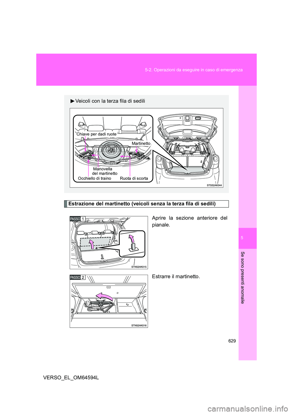TOYOTA VERSO 2016  Manuale duso (in Italian) 5
629 
5-2. Operazioni da eseguire in caso di emergenza
Se sono presenti anomalie
VERSO_EL_OM64594L
Estrazione del martinetto (veicoli senza la terza fila di sedili) 
Aprire la sezione anteriore del 
