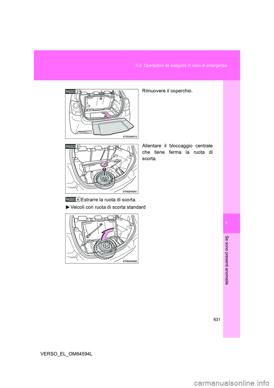TOYOTA VERSO 2016  Manuale duso (in Italian) 5
631 
5-2. Operazioni da eseguire in caso di emergenza
Se sono presenti anomalie
VERSO_EL_OM64594L 
Rimuovere il coperchio. 
Allentare il bloccaggio centrale 
che tiene ferma la ruota di 
scorta. 
Es
